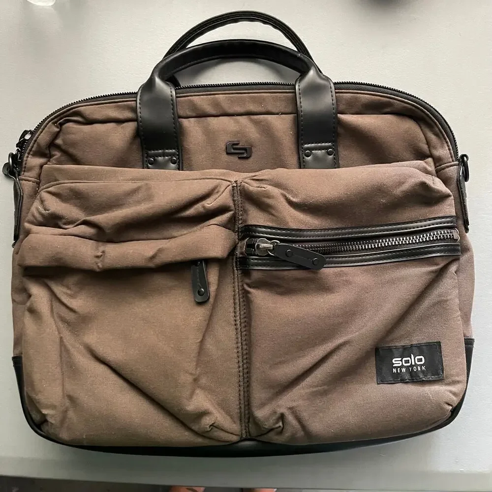 SOLO New York Hamish Briefcase Laptop Tablet Bag Brown Canvas & Leather